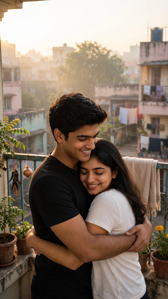 Couple Kissing Prompts for Gemini AI Home Balcony Morning Hug ai prompt