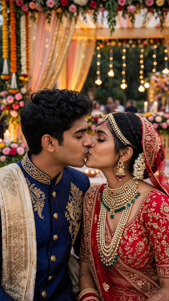 Couple Kissing Prompts for Gemini AI Traditional Wedding Couple Kiss ai prompt