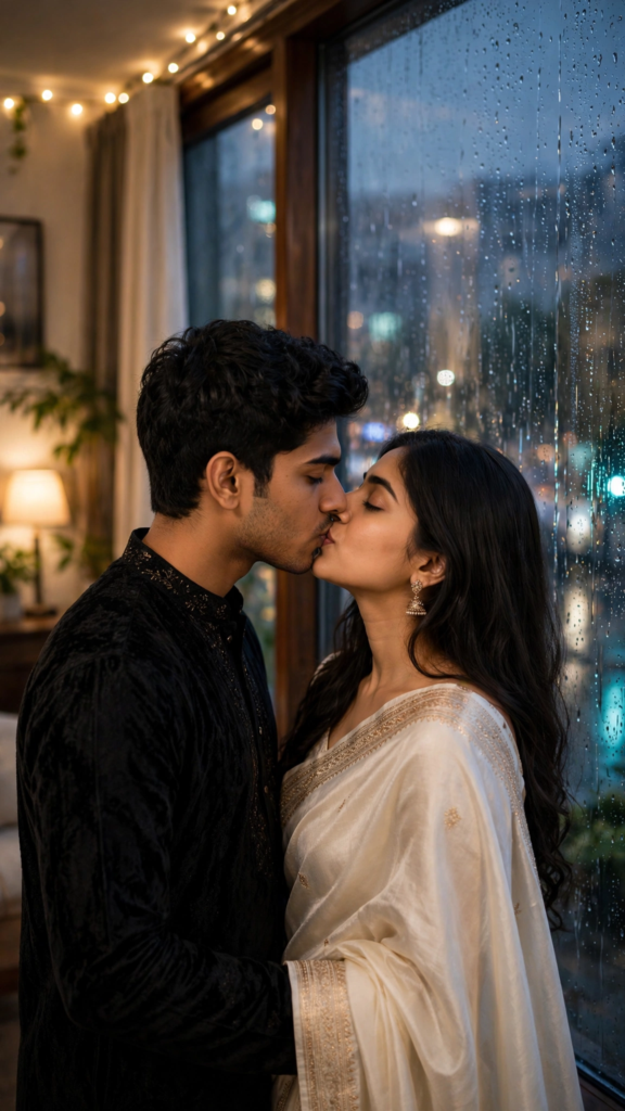 Couple Kissing Prompts for Gemini AI Rainy Window Couple Moment ai prompt