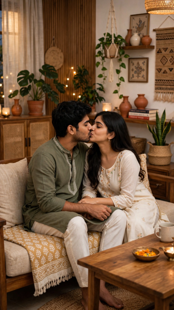 Couple Kissing Prompts for Gemini AI Cozy Home / Lifestyle Romantic Moment ai prompt