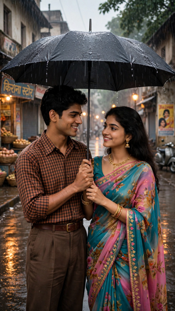 Couple Black Dress Prompt 90s Bollywood Rain Romance ai prompt