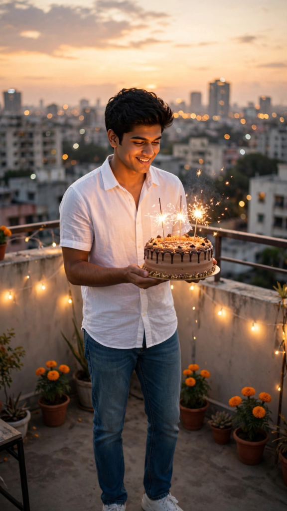 Couple Black Dress Prompt Rooftop Birthday Party at Sunset ai prompt