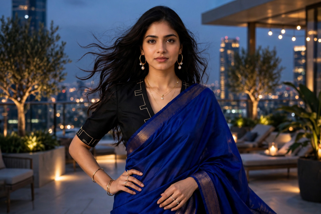 Prompt for Gemini AI Girl Style Bold Blue Saree Fashion Look ai prompt