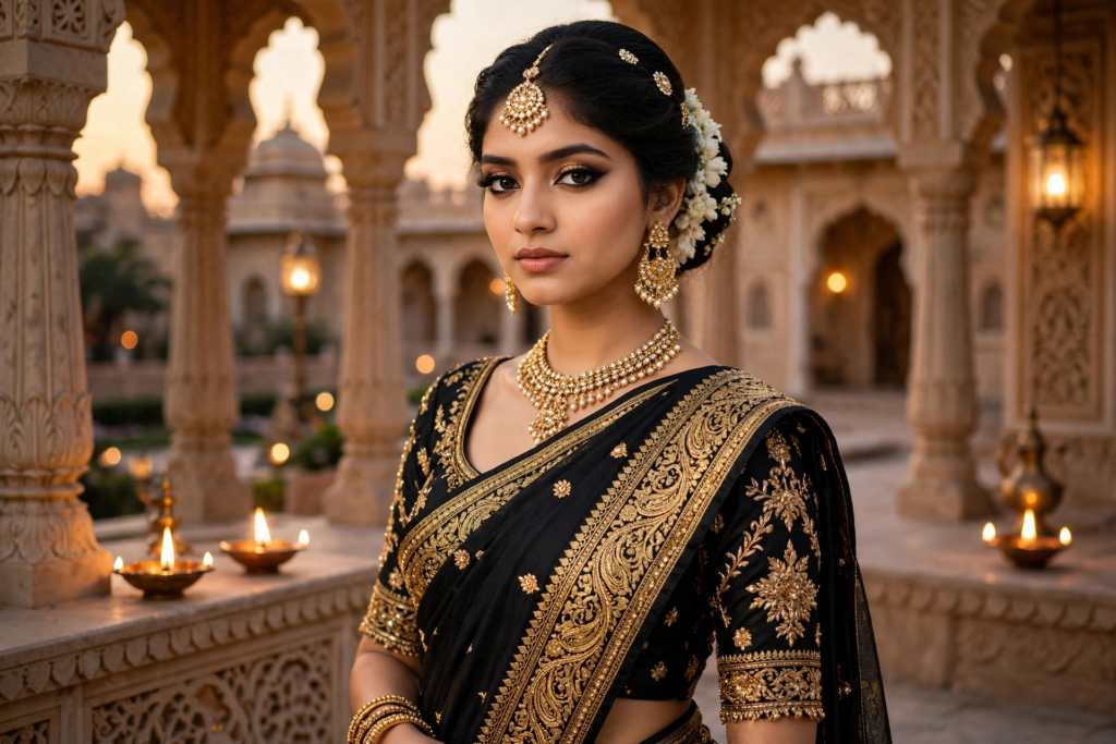 Prompt for Gemini AI Girl Style Black & Gold Traditional Bold Saree Look ai prompt