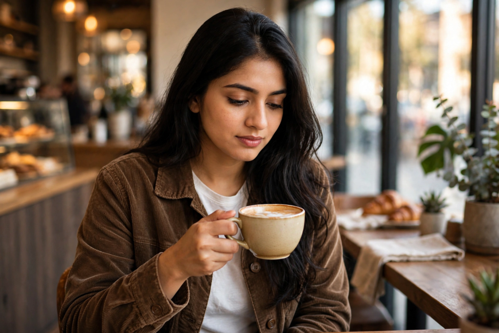 South Indian girl look prompt ChatGPT Coffee Shop Lifestyle ai prompt