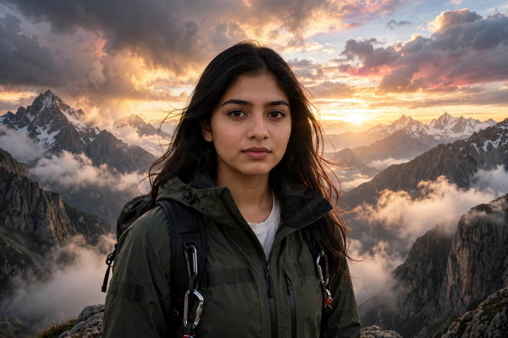 South Indian girl look prompt ChatGPT Mountain Adventure ai prompt