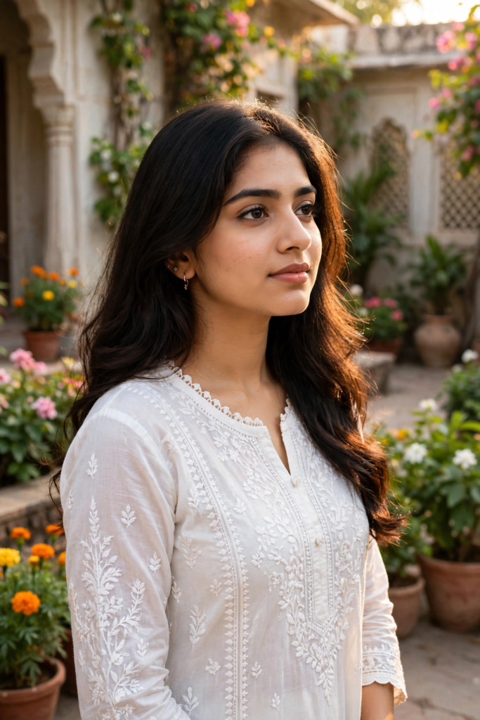 Prompt for Gemini AI Girl Style Elegant White Chikankari Kurti Look ai prompt