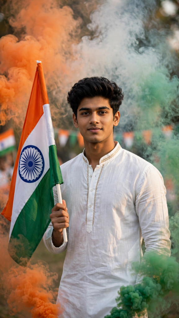 15 august ai photo editing prompt Realistic 15 August AI photo editing prompt with Indian flag portrait