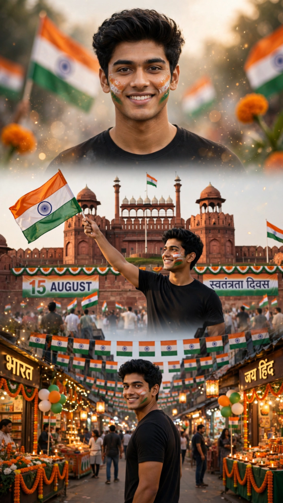 15 august ai photo editing prompt Three-layer AI photo collage for Indian Independence Day