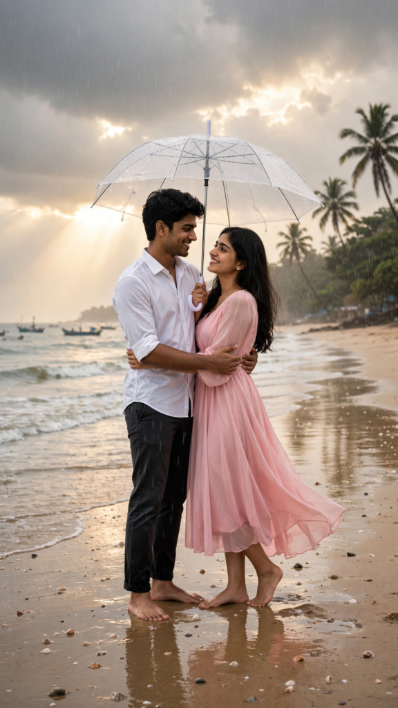 Punjabi Couple Prompt for Gemini AI Rainy Beach Romance ai prompt