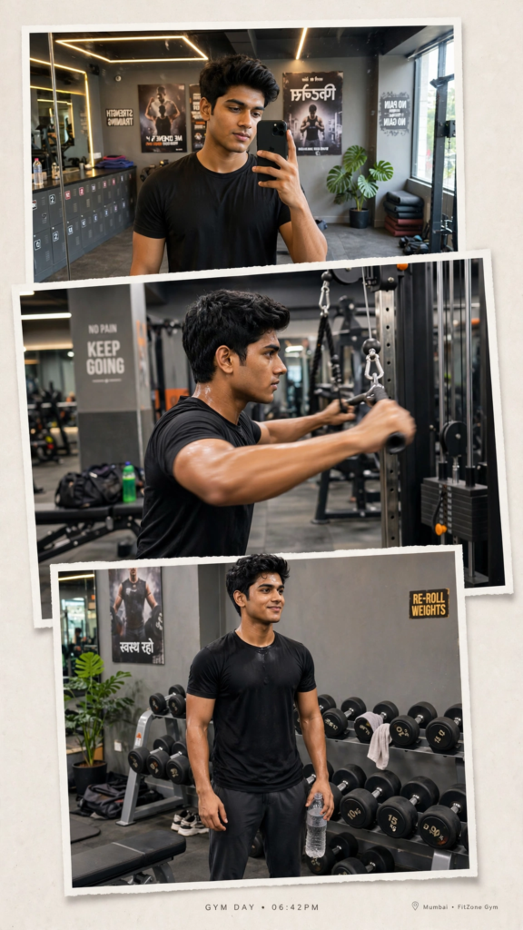 propose prompt Gemini AI photo 3 layer gym mirror and workout collage prompt